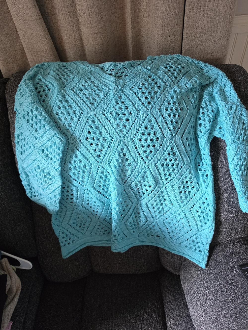 SHEIN Turquoise Open-Knit V-Neck Sweater
